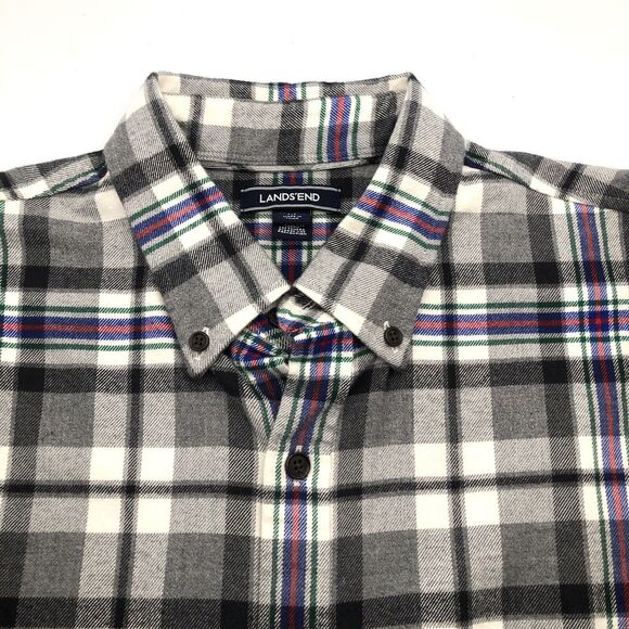 Lands End Mens Flannel Shirt Black White Plaid Size Large Button Down Casual Emo - Picture 3 of 11